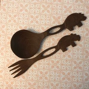 Vintage Carved Wooden Tribal Salad Serving Set